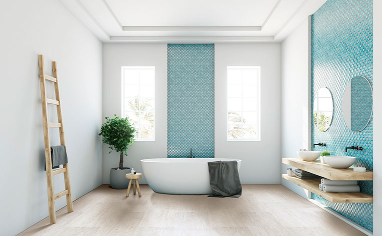 luxury vinyl tile flooring in bathroom with blue accent wall